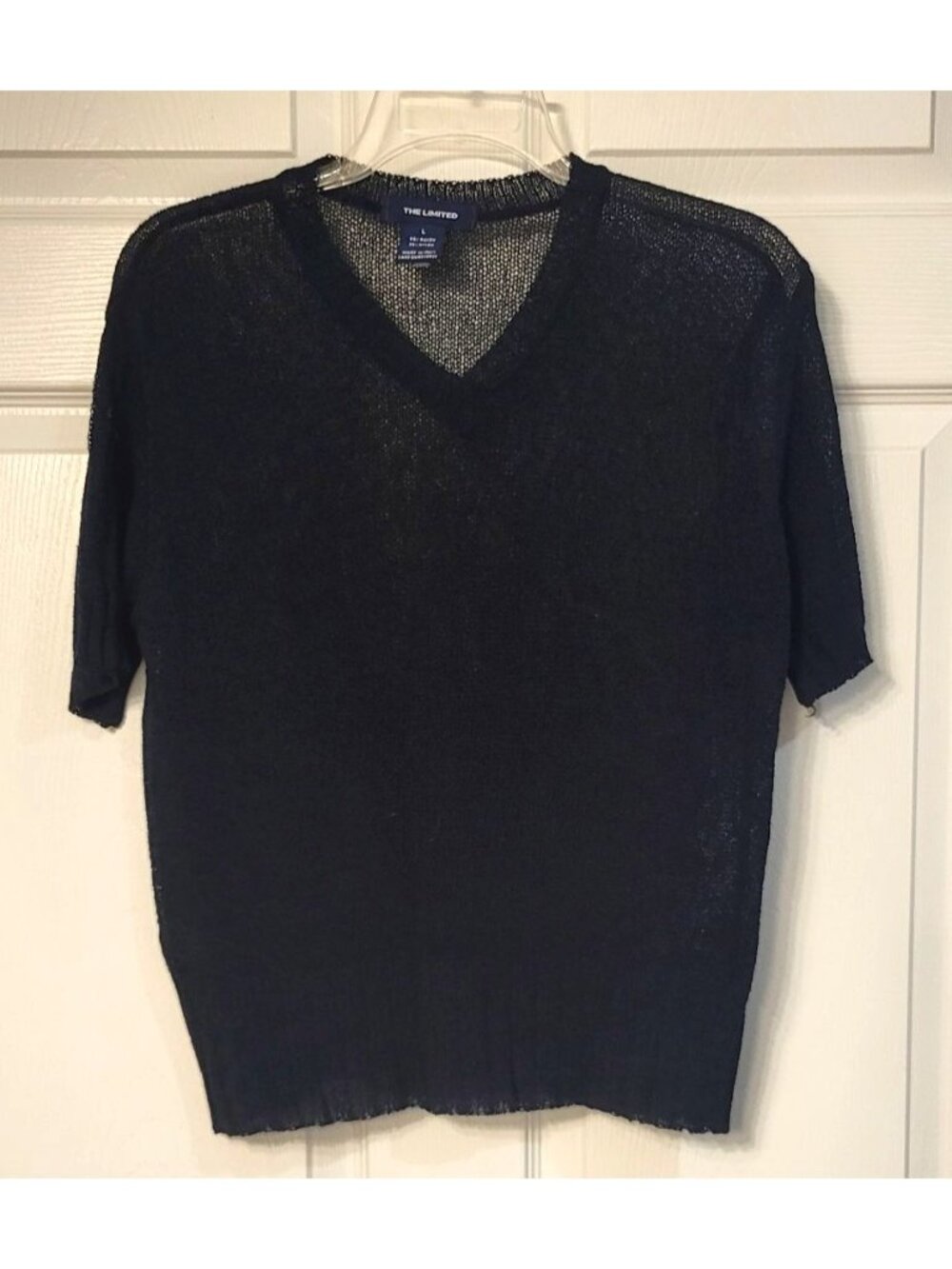 The Limited Blue Open Knit V-neck Short Sleeve Sweater Size L Layer Crop